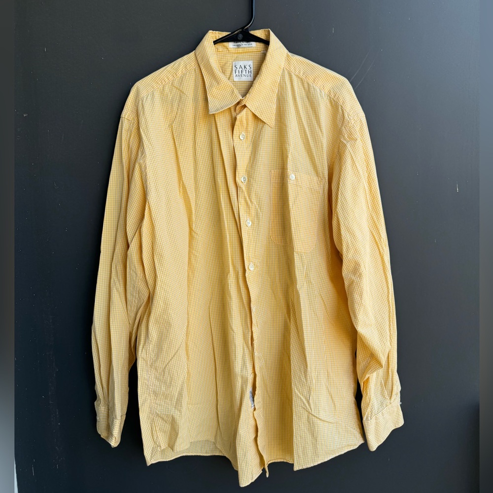 Yellow gingham button-up shirt tailored in the USA for Saks Fifth Avenue.